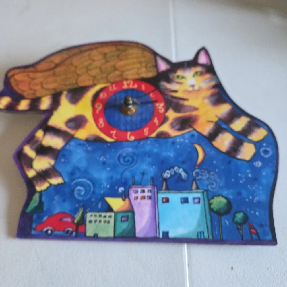 Wendy Costa 1994 Whimsical Flying Cat Wall Clock City Sky Line